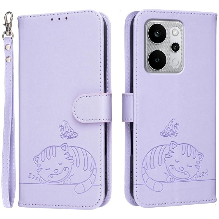 Cat Butterfly Embossed RFID Vegan Leather Phone Case with Strap, For Realme P4 Power 5G, For Realme Note 80 4G, For Realme C83 5G, For Realme Neo8 5G, For Realme 16 5G, For Realme 16 Pro+ 5G, For Realme 16 Pro 5G, For Realme GT8 Pro Global             ...
