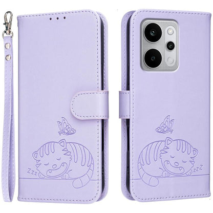 Cat Butterfly Embossed RFID Vegan Leather Phone Case with Strap, For Realme P4 Power 5G, For Realme Note 80 4G, For Realme C83 5G, For Realme Neo8 5G, For Realme 16 5G, For Realme 16 Pro+ 5G, For Realme 16 Pro 5G, For Realme GT8 Pro Global             ...