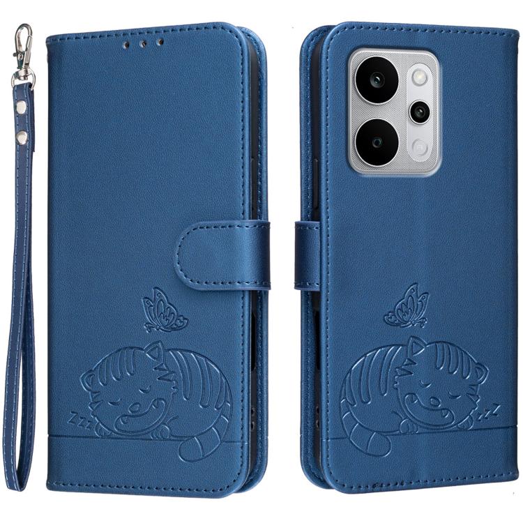 Cat Butterfly Embossed RFID Vegan Leather Phone Case with Strap, For Realme P4 Power 5G, For Realme Note 80 4G, For Realme C83 5G, For Realme Neo8 5G, For Realme 16 5G, For Realme 16 Pro+ 5G, For Realme 16 Pro 5G, For Realme GT8 Pro Global             ...