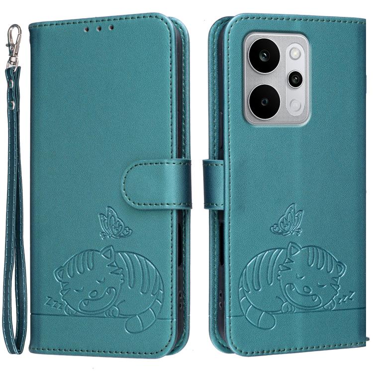 Cat Butterfly Embossed RFID Vegan Leather Phone Case with Strap, For Realme P4 Power 5G, For Realme Note 80 4G, For Realme C83 5G, For Realme Neo8 5G, For Realme 16 5G, For Realme 16 Pro+ 5G, For Realme 16 Pro 5G, For Realme GT8 Pro Global             ...