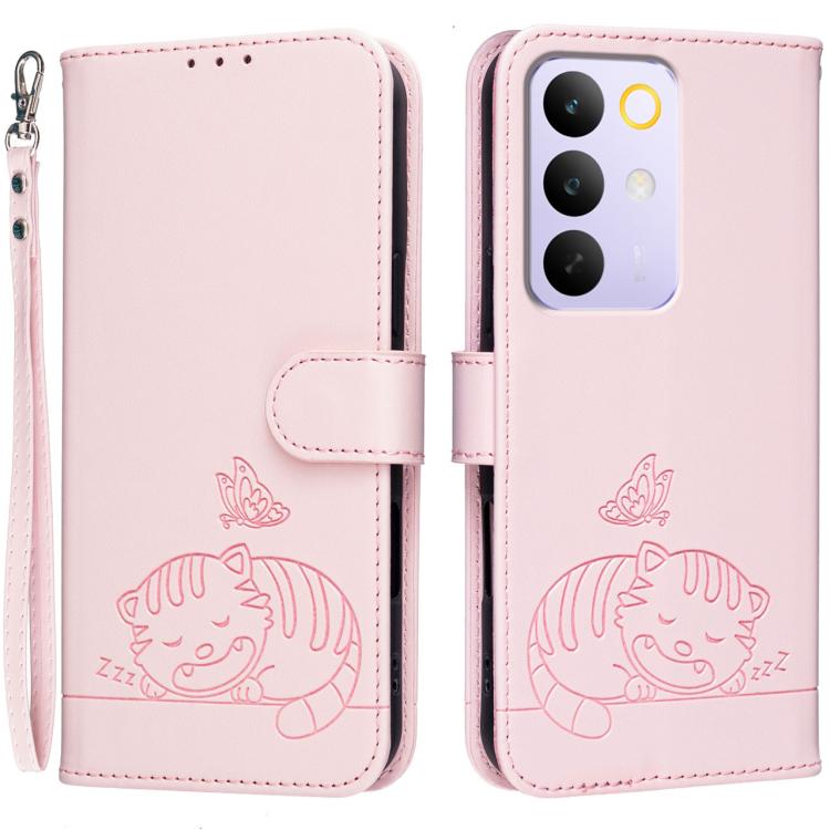 Cat Butterfly Embossed RFID Vegan Leather Phone Case with Strap, For Realme P4 Power 5G, For Realme Note 80 4G, For Realme C83 5G, For Realme Neo8 5G, For Realme 16 5G, For Realme 16 Pro+ 5G, For Realme 16 Pro 5G, For Realme GT8 Pro Global             ...