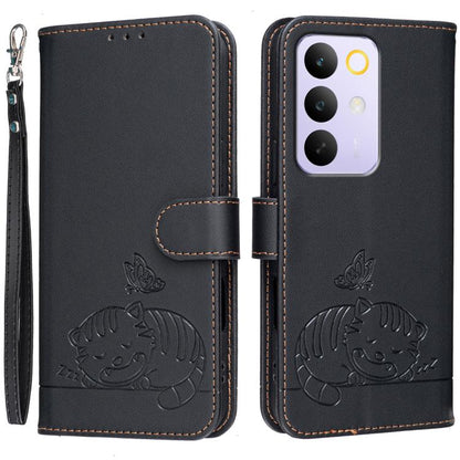 Cat Butterfly Embossed RFID Vegan Leather Phone Case with Strap, For Realme P4 Power 5G, For Realme Note 80 4G, For Realme C83 5G, For Realme Neo8 5G, For Realme 16 5G, For Realme 16 Pro+ 5G, For Realme 16 Pro 5G, For Realme GT8 Pro Global             ...