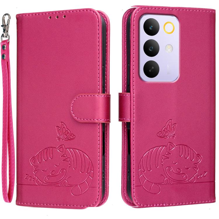 Cat Butterfly Embossed RFID Vegan Leather Phone Case with Strap, For Realme P4 Power 5G, For Realme Note 80 4G, For Realme C83 5G, For Realme Neo8 5G, For Realme 16 5G, For Realme 16 Pro+ 5G, For Realme 16 Pro 5G, For Realme GT8 Pro Global             ...