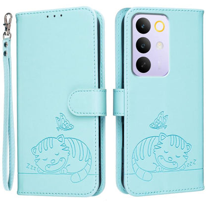 Cat Butterfly Embossed RFID Vegan Leather Phone Case with Strap, For Realme P4 Power 5G, For Realme Note 80 4G, For Realme C83 5G, For Realme Neo8 5G, For Realme 16 5G, For Realme 16 Pro+ 5G, For Realme 16 Pro 5G, For Realme GT8 Pro Global             ...