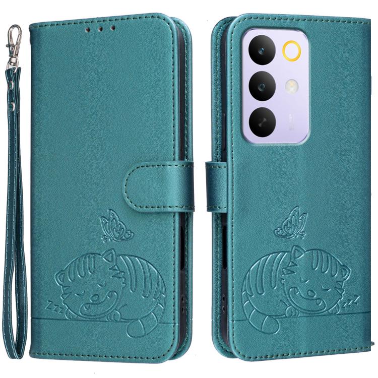 Cat Butterfly Embossed RFID Vegan Leather Phone Case with Strap, For Realme P4 Power 5G, For Realme Note 80 4G, For Realme C83 5G, For Realme Neo8 5G, For Realme 16 5G, For Realme 16 Pro+ 5G, For Realme 16 Pro 5G, For Realme GT8 Pro Global             ...