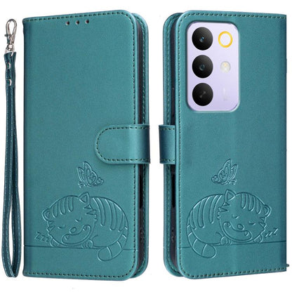 Cat Butterfly Embossed RFID Vegan Leather Phone Case with Strap, For Realme P4 Power 5G, For Realme Note 80 4G, For Realme C83 5G, For Realme Neo8 5G, For Realme 16 5G, For Realme 16 Pro+ 5G, For Realme 16 Pro 5G, For Realme GT8 Pro Global             ...