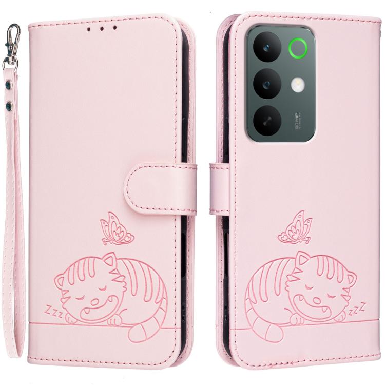 Cat Butterfly Embossed RFID Vegan Leather Phone Case with Strap, For Realme P4 Power 5G, For Realme Note 80 4G, For Realme C83 5G, For Realme Neo8 5G, For Realme 16 5G, For Realme 16 Pro+ 5G, For Realme 16 Pro 5G, For Realme GT8 Pro Global             ...