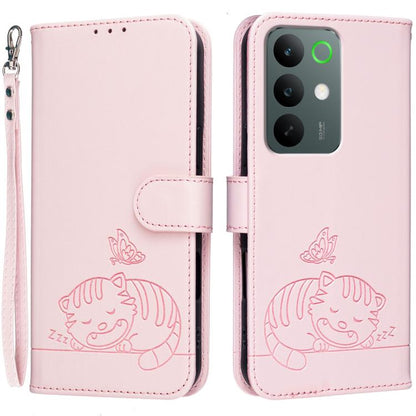 Cat Butterfly Embossed RFID Vegan Leather Phone Case with Strap, For Realme P4 Power 5G, For Realme Note 80 4G, For Realme C83 5G, For Realme Neo8 5G, For Realme 16 5G, For Realme 16 Pro+ 5G, For Realme 16 Pro 5G, For Realme GT8 Pro Global             ...
