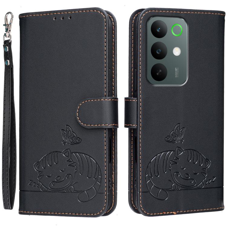 Cat Butterfly Embossed RFID Vegan Leather Phone Case with Strap, For Realme P4 Power 5G, For Realme Note 80 4G, For Realme C83 5G, For Realme Neo8 5G, For Realme 16 5G, For Realme 16 Pro+ 5G, For Realme 16 Pro 5G, For Realme GT8 Pro Global             ...