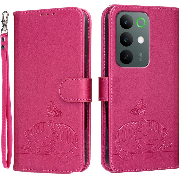Cat Butterfly Embossed RFID Vegan Leather Phone Case with Strap, For Realme P4 Power 5G, For Realme Note 80 4G, For Realme C83 5G, For Realme Neo8 5G, For Realme 16 5G, For Realme 16 Pro+ 5G, For Realme 16 Pro 5G, For Realme GT8 Pro Global             ...