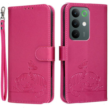 Cat Butterfly Embossed RFID Vegan Leather Phone Case with Strap, For Realme P4 Power 5G, For Realme Note 80 4G, For Realme C83 5G, For Realme Neo8 5G, For Realme 16 5G, For Realme 16 Pro+ 5G, For Realme 16 Pro 5G, For Realme GT8 Pro Global             ...