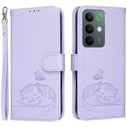 Cat Butterfly Embossed RFID Vegan Leather Phone Case with Strap, For Realme P4 Power 5G, For Realme Note 80 4G, For Realme C83 5G, For Realme Neo8 5G, For Realme 16 5G, For Realme 16 Pro+ 5G, For Realme 16 Pro 5G, For Realme GT8 Pro Global             ...
