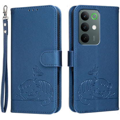 Cat Butterfly Embossed RFID Vegan Leather Phone Case with Strap, For Realme P4 Power 5G, For Realme Note 80 4G, For Realme C83 5G, For Realme Neo8 5G, For Realme 16 5G, For Realme 16 Pro+ 5G, For Realme 16 Pro 5G, For Realme GT8 Pro Global             ...