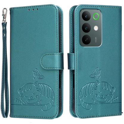 Cat Butterfly Embossed RFID Vegan Leather Phone Case with Strap, For Realme P4 Power 5G, For Realme Note 80 4G, For Realme C83 5G, For Realme Neo8 5G, For Realme 16 5G, For Realme 16 Pro+ 5G, For Realme 16 Pro 5G, For Realme GT8 Pro Global             ...