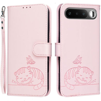 Cat Butterfly Embossed RFID Vegan Leather Phone Case with Strap, For Realme P4 Power 5G, For Realme Note 80 4G, For Realme C83 5G, For Realme Neo8 5G, For Realme 16 5G, For Realme 16 Pro+ 5G, For Realme 16 Pro 5G, For Realme GT8 Pro Global             ...