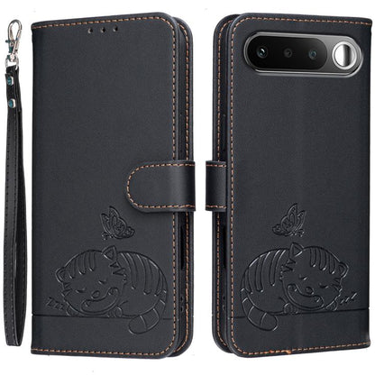 Cat Butterfly Embossed RFID Vegan Leather Phone Case with Strap, For Realme P4 Power 5G, For Realme Note 80 4G, For Realme C83 5G, For Realme Neo8 5G, For Realme 16 5G, For Realme 16 Pro+ 5G, For Realme 16 Pro 5G, For Realme GT8 Pro Global             ...