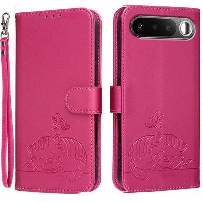 Cat Butterfly Embossed RFID Vegan Leather Phone Case with Strap, For Realme P4 Power 5G, For Realme Note 80 4G, For Realme C83 5G, For Realme Neo8 5G, For Realme 16 5G, For Realme 16 Pro+ 5G, For Realme 16 Pro 5G, For Realme GT8 Pro Global             ...