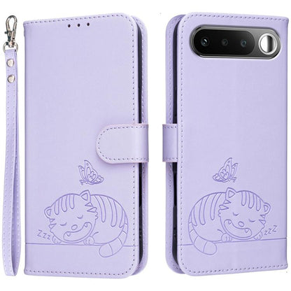 Cat Butterfly Embossed RFID Vegan Leather Phone Case with Strap, For Realme P4 Power 5G, For Realme Note 80 4G, For Realme C83 5G, For Realme Neo8 5G, For Realme 16 5G, For Realme 16 Pro+ 5G, For Realme 16 Pro 5G, For Realme GT8 Pro Global             ...