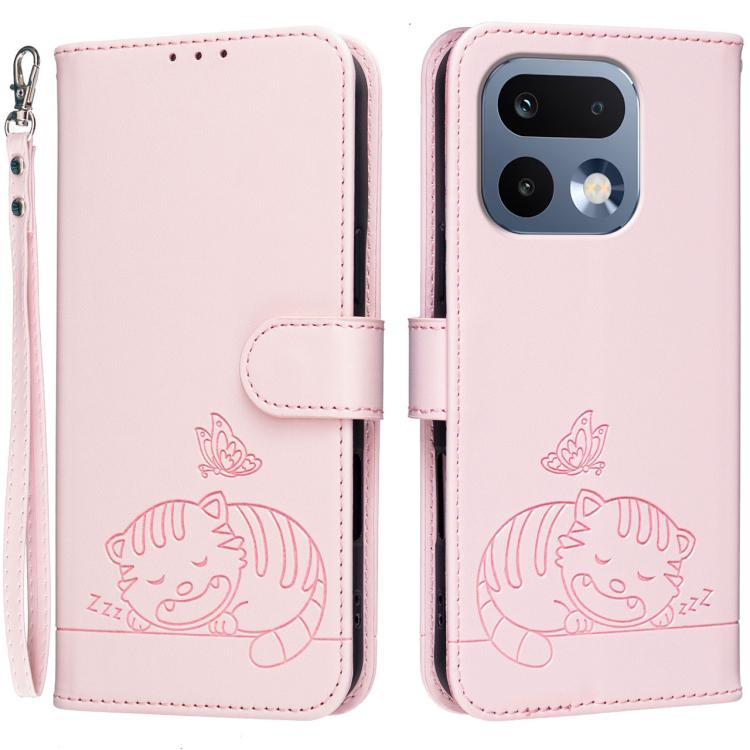 Cat Butterfly Embossed RFID Vegan Leather Phone Case with Strap, For Realme P4 Power 5G, For Realme Note 80 4G, For Realme C83 5G, For Realme Neo8 5G, For Realme 16 5G, For Realme 16 Pro+ 5G, For Realme 16 Pro 5G, For Realme GT8 Pro Global             ...