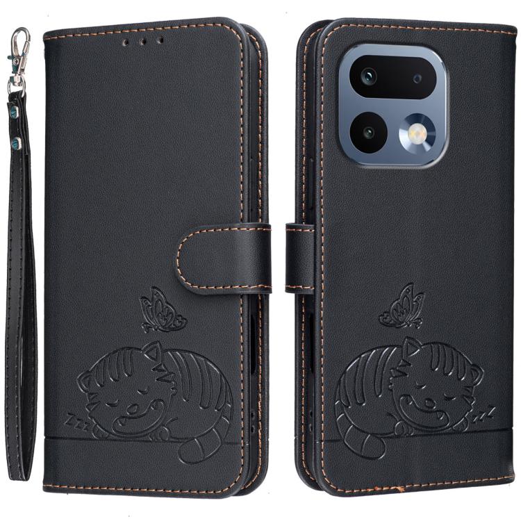 Cat Butterfly Embossed RFID Vegan Leather Phone Case with Strap, For Realme P4 Power 5G, For Realme Note 80 4G, For Realme C83 5G, For Realme Neo8 5G, For Realme 16 5G, For Realme 16 Pro+ 5G, For Realme 16 Pro 5G, For Realme GT8 Pro Global             ...