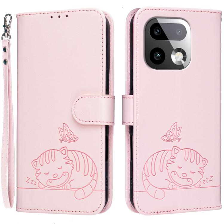 Cat Butterfly Embossed RFID Vegan Leather Phone Case with Strap, For Realme P4 Power 5G, For Realme Note 80 4G, For Realme C83 5G, For Realme Neo8 5G, For Realme 16 5G, For Realme 16 Pro+ 5G, For Realme 16 Pro 5G, For Realme GT8 Pro Global             ...