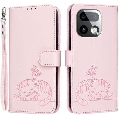 Cat Butterfly Embossed RFID Vegan Leather Phone Case with Strap, For Realme P4 Power 5G, For Realme Note 80 4G, For Realme C83 5G, For Realme Neo8 5G, For Realme 16 5G, For Realme 16 Pro+ 5G, For Realme 16 Pro 5G, For Realme GT8 Pro Global             ...