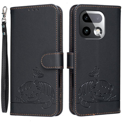 Cat Butterfly Embossed RFID Vegan Leather Phone Case with Strap, For Realme P4 Power 5G, For Realme Note 80 4G, For Realme C83 5G, For Realme Neo8 5G, For Realme 16 5G, For Realme 16 Pro+ 5G, For Realme 16 Pro 5G, For Realme GT8 Pro Global             ...