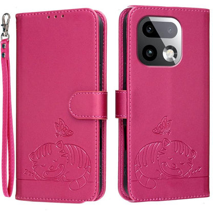 Cat Butterfly Embossed RFID Vegan Leather Phone Case with Strap, For Realme P4 Power 5G, For Realme Note 80 4G, For Realme C83 5G, For Realme Neo8 5G, For Realme 16 5G, For Realme 16 Pro+ 5G, For Realme 16 Pro 5G, For Realme GT8 Pro Global             ...