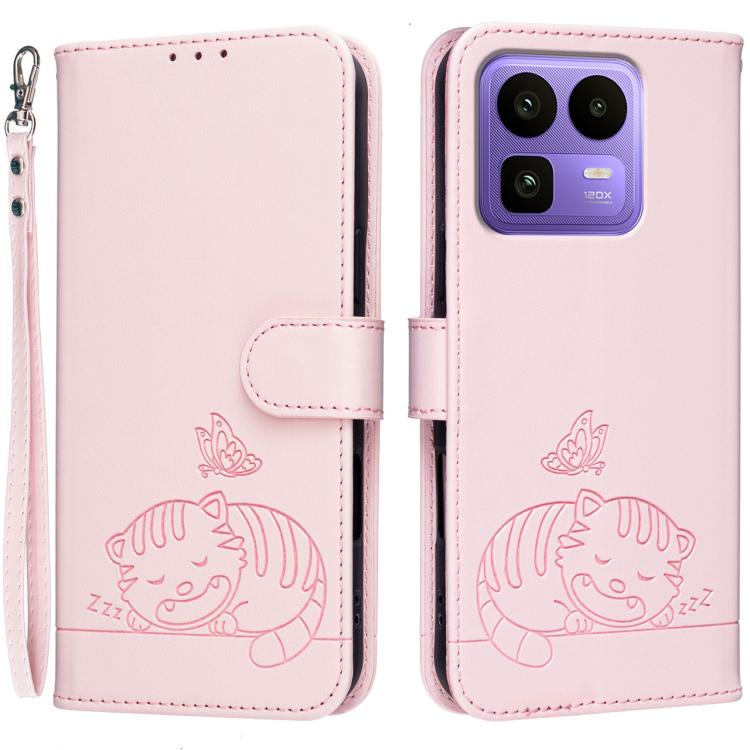 Cat Butterfly Embossed RFID Vegan Leather Phone Case with Strap, For Realme P4 Power 5G, For Realme Note 80 4G, For Realme C83 5G, For Realme Neo8 5G, For Realme 16 5G, For Realme 16 Pro+ 5G, For Realme 16 Pro 5G, For Realme GT8 Pro Global             ...