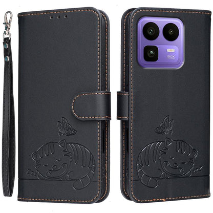 Cat Butterfly Embossed RFID Vegan Leather Phone Case with Strap, For Realme P4 Power 5G, For Realme Note 80 4G, For Realme C83 5G, For Realme Neo8 5G, For Realme 16 5G, For Realme 16 Pro+ 5G, For Realme 16 Pro 5G, For Realme GT8 Pro Global             ...