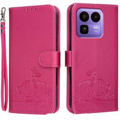 Cat Butterfly Embossed RFID Vegan Leather Phone Case with Strap, For Realme P4 Power 5G, For Realme Note 80 4G, For Realme C83 5G, For Realme Neo8 5G, For Realme 16 5G, For Realme 16 Pro+ 5G, For Realme 16 Pro 5G, For Realme GT8 Pro Global             ...