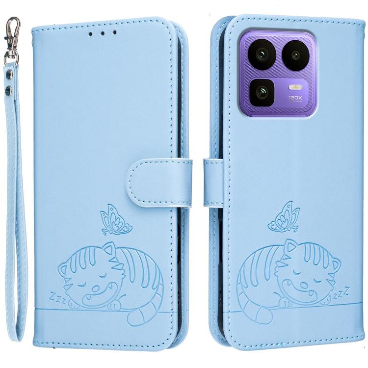 Cat Butterfly Embossed RFID Vegan Leather Phone Case with Strap, For Realme P4 Power 5G, For Realme Note 80 4G, For Realme C83 5G, For Realme Neo8 5G, For Realme 16 5G, For Realme 16 Pro+ 5G, For Realme 16 Pro 5G, For Realme GT8 Pro Global             ...