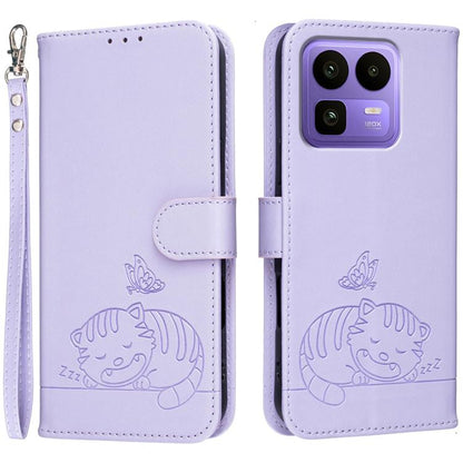 Cat Butterfly Embossed RFID Vegan Leather Phone Case with Strap, For Realme P4 Power 5G, For Realme Note 80 4G, For Realme C83 5G, For Realme Neo8 5G, For Realme 16 5G, For Realme 16 Pro+ 5G, For Realme 16 Pro 5G, For Realme GT8 Pro Global             ...