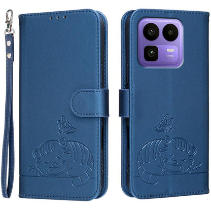 Cat Butterfly Embossed RFID Vegan Leather Phone Case with Strap, For Realme P4 Power 5G, For Realme Note 80 4G, For Realme C83 5G, For Realme Neo8 5G, For Realme 16 5G, For Realme 16 Pro+ 5G, For Realme 16 Pro 5G, For Realme GT8 Pro Global             ...