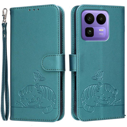 Cat Butterfly Embossed RFID Vegan Leather Phone Case with Strap, For Realme P4 Power 5G, For Realme Note 80 4G, For Realme C83 5G, For Realme Neo8 5G, For Realme 16 5G, For Realme 16 Pro+ 5G, For Realme 16 Pro 5G, For Realme GT8 Pro Global             ...