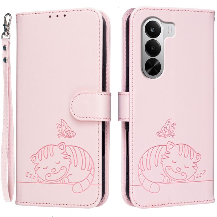 Cat Butterfly Embossed RFID Vegan Leather Phone Case with Strap, For Realme P4 Power 5G, For Realme Note 80 4G, For Realme C83 5G, For Realme Neo8 5G, For Realme 16 5G, For Realme 16 Pro+ 5G, For Realme 16 Pro 5G, For Realme GT8 Pro Global             ...