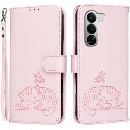 Cat Butterfly Embossed RFID Vegan Leather Phone Case with Strap, For Realme P4 Power 5G, For Realme Note 80 4G, For Realme C83 5G, For Realme Neo8 5G, For Realme 16 5G, For Realme 16 Pro+ 5G, For Realme 16 Pro 5G, For Realme GT8 Pro Global             ...