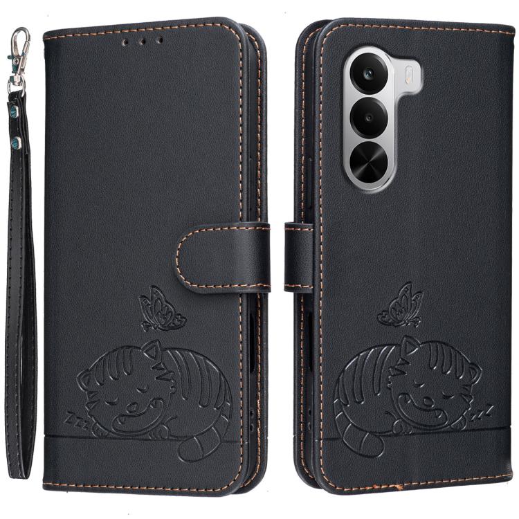 Cat Butterfly Embossed RFID Vegan Leather Phone Case with Strap, For Realme P4 Power 5G, For Realme Note 80 4G, For Realme C83 5G, For Realme Neo8 5G, For Realme 16 5G, For Realme 16 Pro+ 5G, For Realme 16 Pro 5G, For Realme GT8 Pro Global             ...