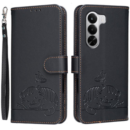 Cat Butterfly Embossed RFID Vegan Leather Phone Case with Strap, For Realme P4 Power 5G, For Realme Note 80 4G, For Realme C83 5G, For Realme Neo8 5G, For Realme 16 5G, For Realme 16 Pro+ 5G, For Realme 16 Pro 5G, For Realme GT8 Pro Global             ...