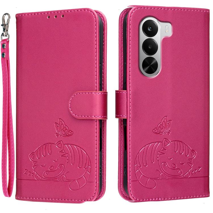 Cat Butterfly Embossed RFID Vegan Leather Phone Case with Strap, For Realme P4 Power 5G, For Realme Note 80 4G, For Realme C83 5G, For Realme Neo8 5G, For Realme 16 5G, For Realme 16 Pro+ 5G, For Realme 16 Pro 5G, For Realme GT8 Pro Global             ...