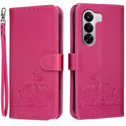 Cat Butterfly Embossed RFID Vegan Leather Phone Case with Strap, For Realme P4 Power 5G, For Realme Note 80 4G, For Realme C83 5G, For Realme Neo8 5G, For Realme 16 5G, For Realme 16 Pro+ 5G, For Realme 16 Pro 5G, For Realme GT8 Pro Global             ...