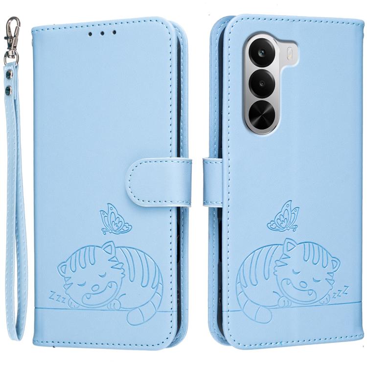 Cat Butterfly Embossed RFID Vegan Leather Phone Case with Strap, For Realme P4 Power 5G, For Realme Note 80 4G, For Realme C83 5G, For Realme Neo8 5G, For Realme 16 5G, For Realme 16 Pro+ 5G, For Realme 16 Pro 5G, For Realme GT8 Pro Global             ...