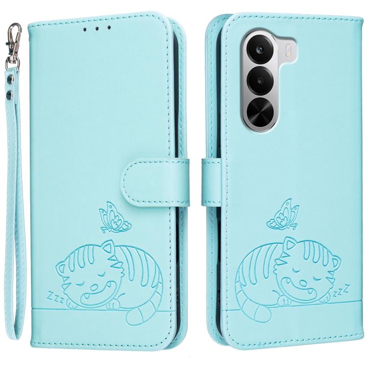 Cat Butterfly Embossed RFID Vegan Leather Phone Case with Strap, For Realme P4 Power 5G, For Realme Note 80 4G, For Realme C83 5G, For Realme Neo8 5G, For Realme 16 5G, For Realme 16 Pro+ 5G, For Realme 16 Pro 5G, For Realme GT8 Pro Global             ...