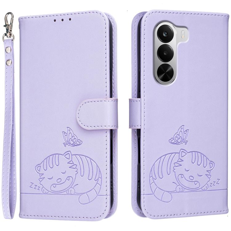 Cat Butterfly Embossed RFID Vegan Leather Phone Case with Strap, For Realme P4 Power 5G, For Realme Note 80 4G, For Realme C83 5G, For Realme Neo8 5G, For Realme 16 5G, For Realme 16 Pro+ 5G, For Realme 16 Pro 5G, For Realme GT8 Pro Global             ...