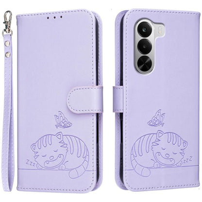 Cat Butterfly Embossed RFID Vegan Leather Phone Case with Strap, For Realme P4 Power 5G, For Realme Note 80 4G, For Realme C83 5G, For Realme Neo8 5G, For Realme 16 5G, For Realme 16 Pro+ 5G, For Realme 16 Pro 5G, For Realme GT8 Pro Global             ...