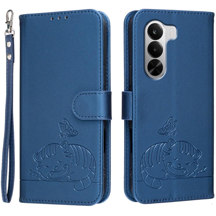 Cat Butterfly Embossed RFID Vegan Leather Phone Case with Strap, For Realme P4 Power 5G, For Realme Note 80 4G, For Realme C83 5G, For Realme Neo8 5G, For Realme 16 5G, For Realme 16 Pro+ 5G, For Realme 16 Pro 5G, For Realme GT8 Pro Global             ...
