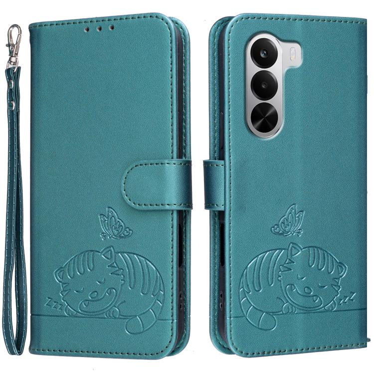 Cat Butterfly Embossed RFID Vegan Leather Phone Case with Strap, For Realme P4 Power 5G, For Realme Note 80 4G, For Realme C83 5G, For Realme Neo8 5G, For Realme 16 5G, For Realme 16 Pro+ 5G, For Realme 16 Pro 5G, For Realme GT8 Pro Global             ...