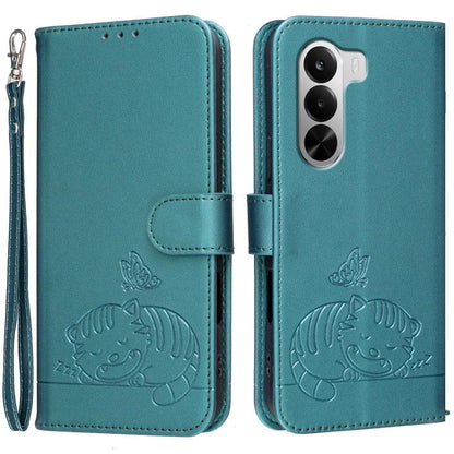Cat Butterfly Embossed RFID Vegan Leather Phone Case with Strap, For Realme P4 Power 5G, For Realme Note 80 4G, For Realme C83 5G, For Realme Neo8 5G, For Realme 16 5G, For Realme 16 Pro+ 5G, For Realme 16 Pro 5G, For Realme GT8 Pro Global             ...
