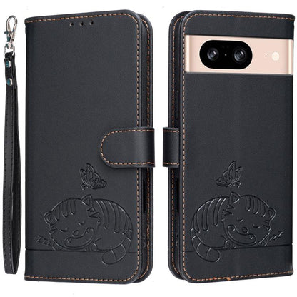 Cat Butterfly Embossed RFID Vegan Leather Phone Case with Strap, For Google Pixel 11 Pro XL, For Google Pixel 11 Pro, For Google Pixel 10a, For Google Pixel 10 Pro XL / 9 Pro XL, For Google Pixel 10 / 10 Pro / 9 Pro, For Google Pixel 9a                ...