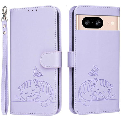 Cat Butterfly Embossed RFID Vegan Leather Phone Case with Strap, For Google Pixel 11 Pro XL, For Google Pixel 11 Pro, For Google Pixel 10a, For Google Pixel 10 Pro XL / 9 Pro XL, For Google Pixel 10 / 10 Pro / 9 Pro, For Google Pixel 9a                ...